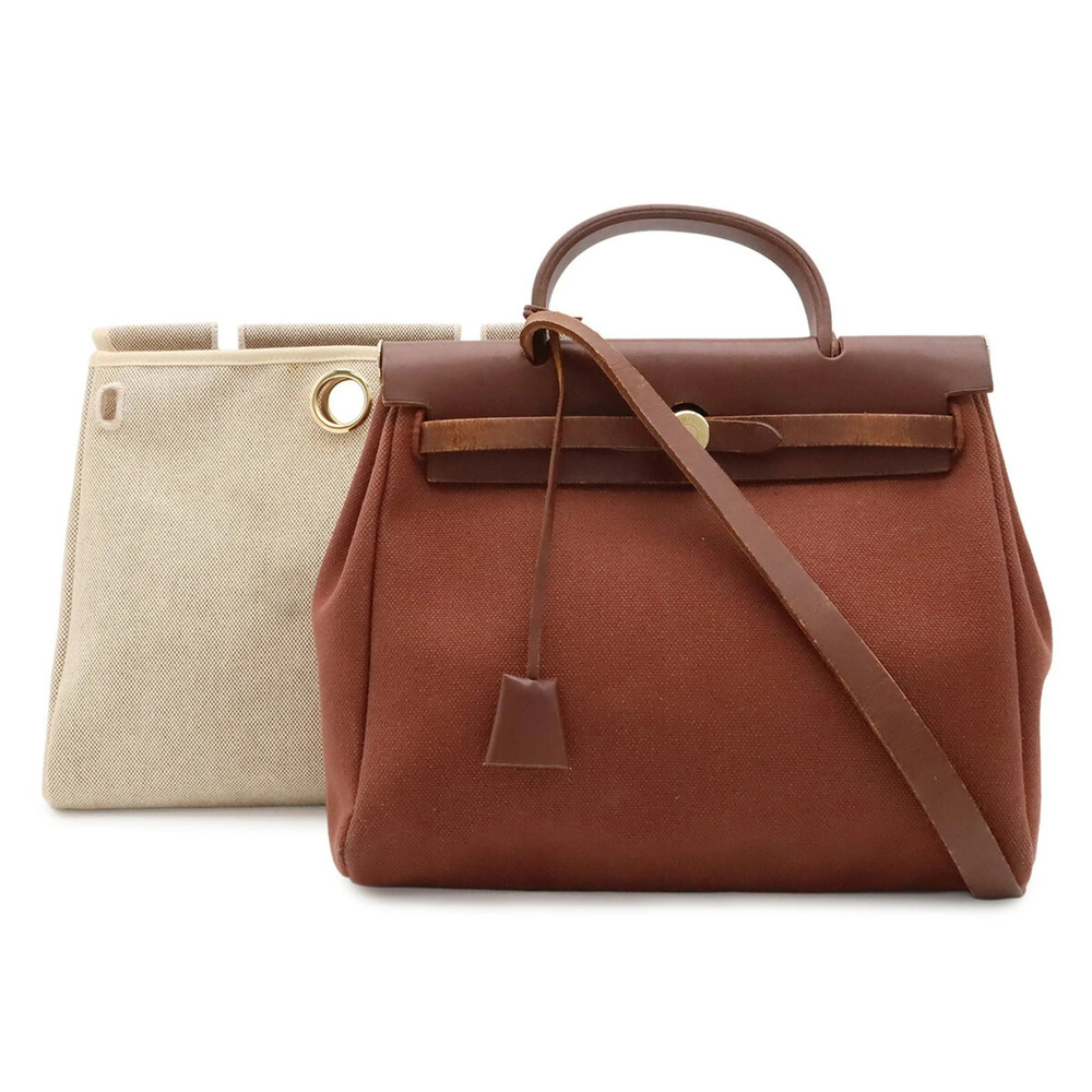 HERMES Herbag PM handbag/shoulder bag, canvas and leather, brown, □F stamp